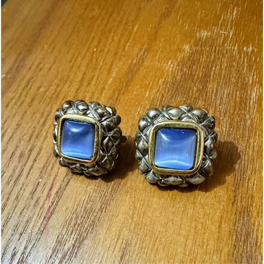 Vintage Premier Designs Two Tone Clip On Blue Stone 80s Retro Earrings